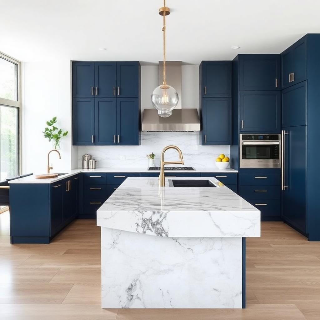 Navy kitchen with marble waterfall island