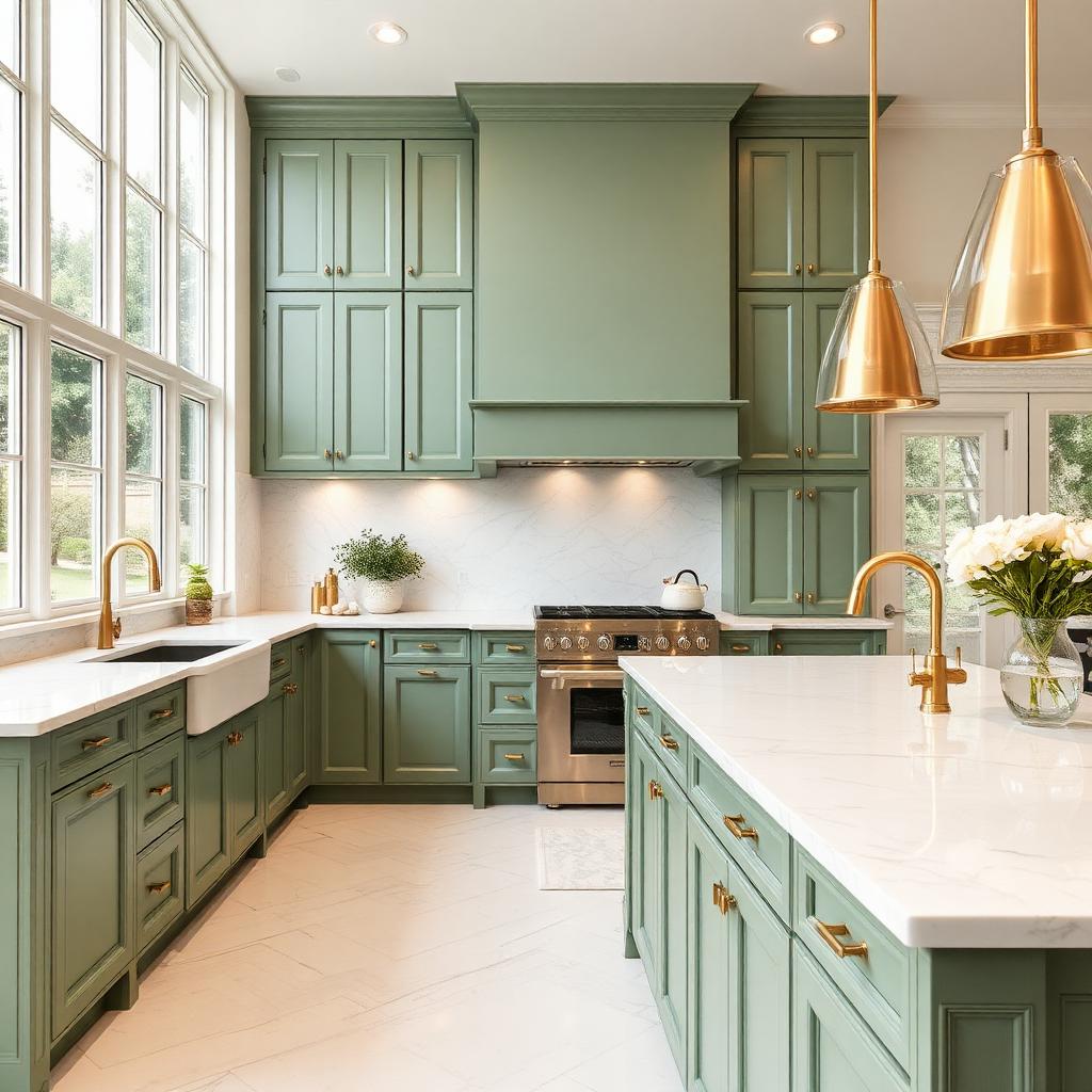 Sage cabinets with gold pendants