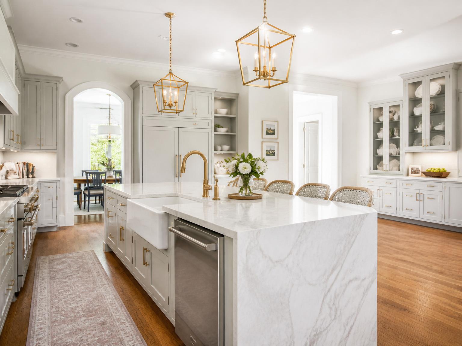 Anka Design kitchen featuring sage green cabinetry, brass fixtures, and a marble waterfall island